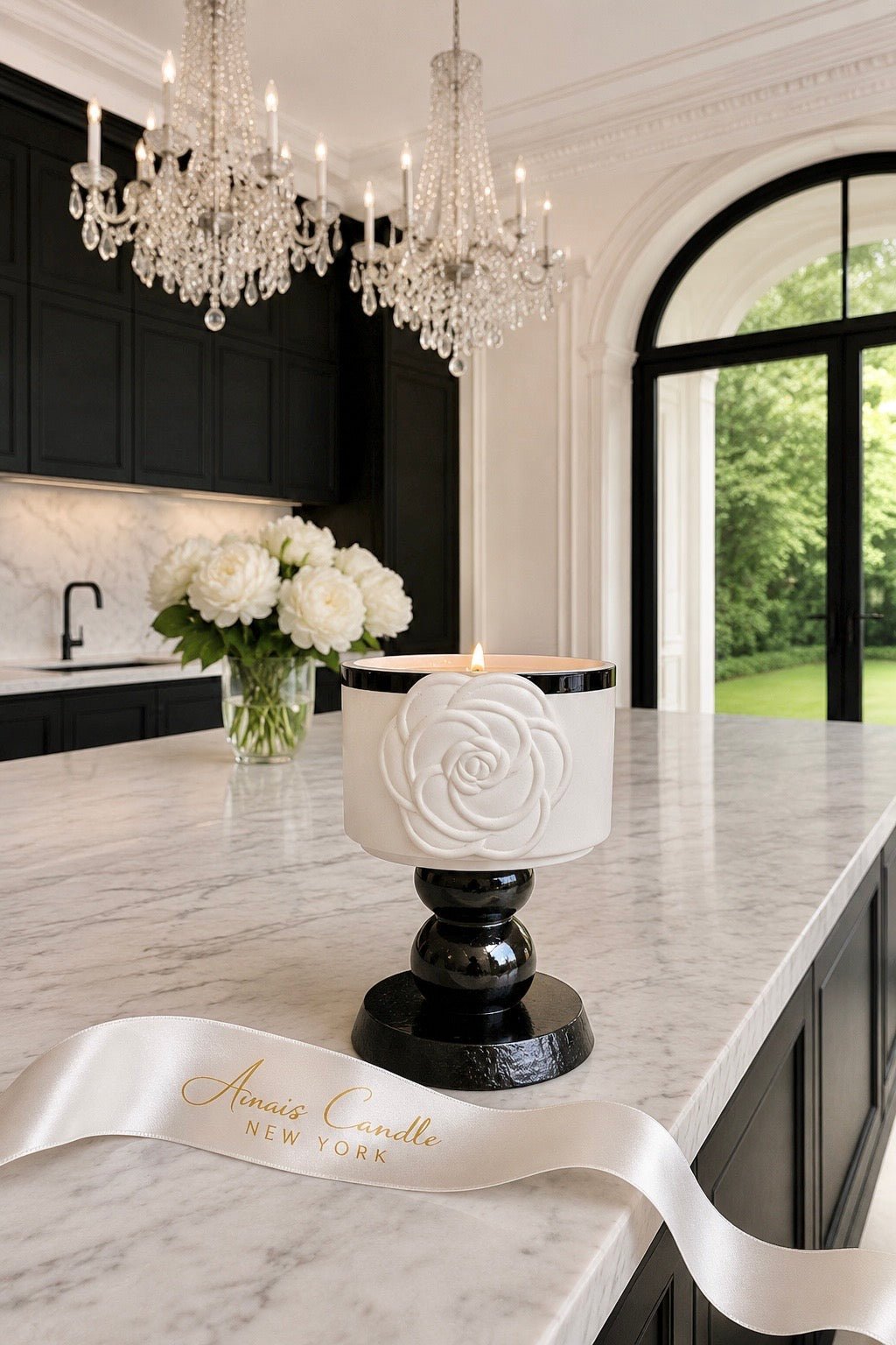 Camélia Maison Candle beside designer coffee table books in a luxury home
