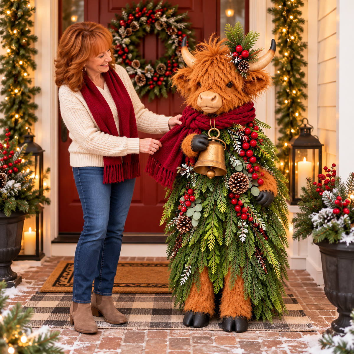 Highland Cow Christmas Greeter in front of a red holiday door