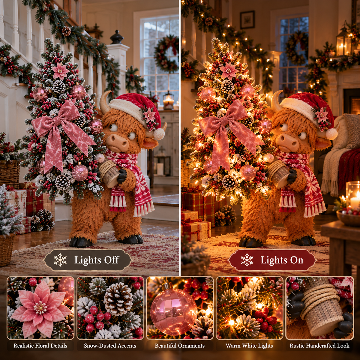 Pinkmas Tree Bandit daytime versus nighttime lighting comparison