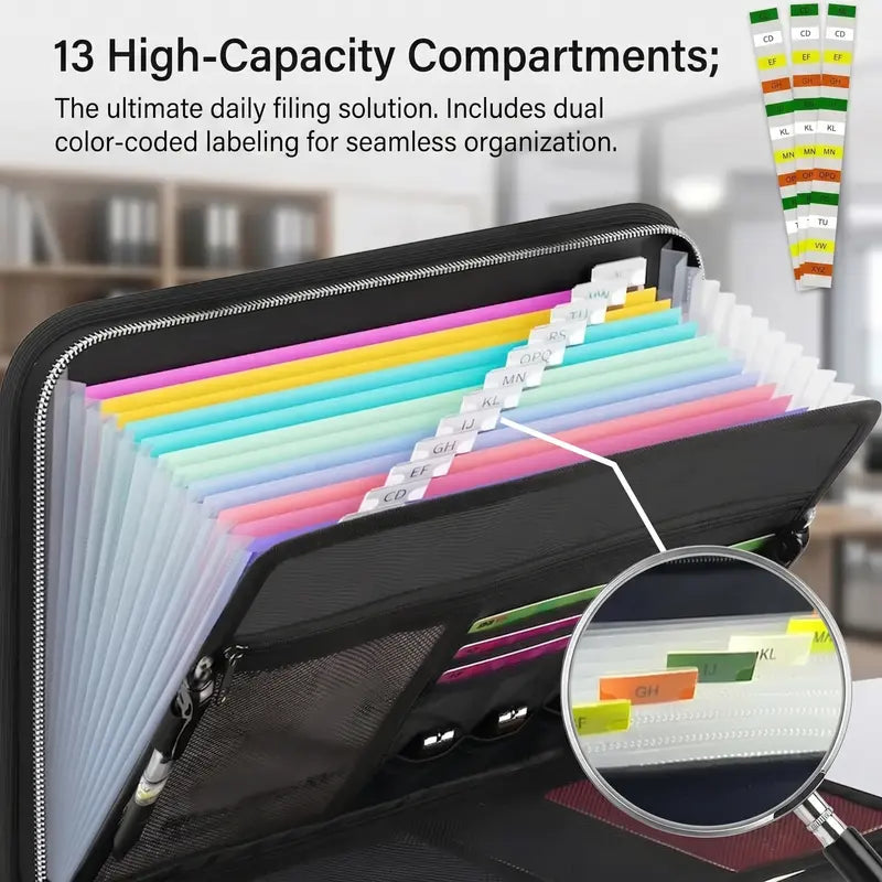 Accordion document organizer showing colorful filing sections and labeling tabs
