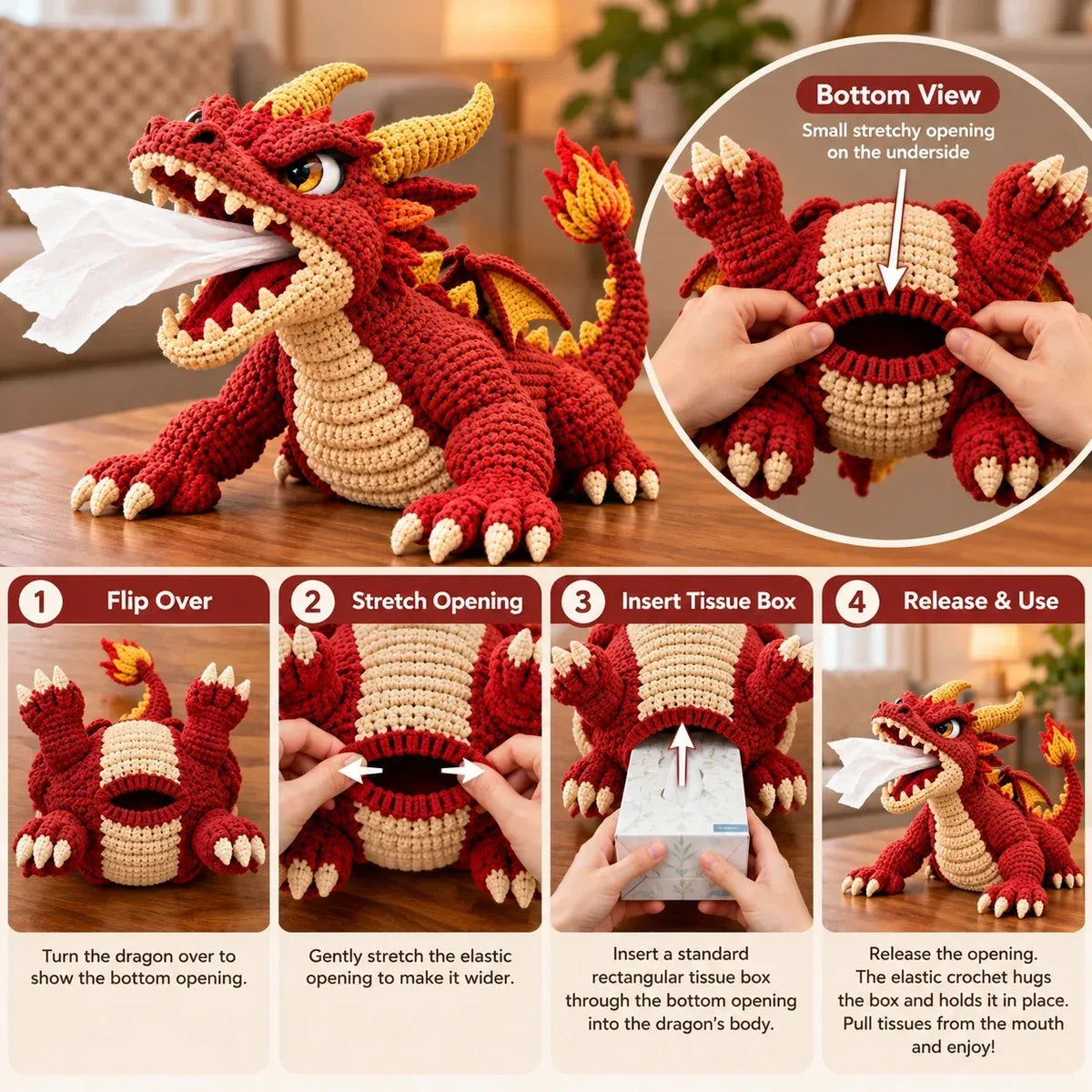 🐉 Fantasy Crochet Tissue Box Cover DIY Kit – Fire-Breathing Dragon or Lava Turtle 🧶