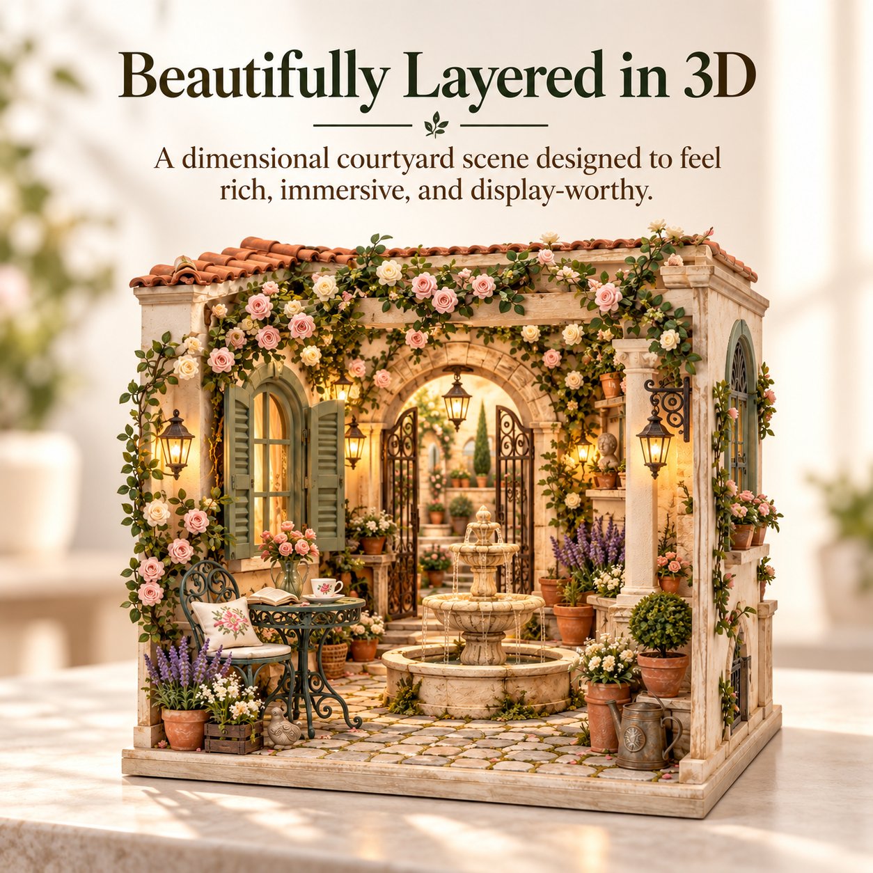 Layered European garden miniature with stone archway, terracotta roof and romantic rose-covered walls