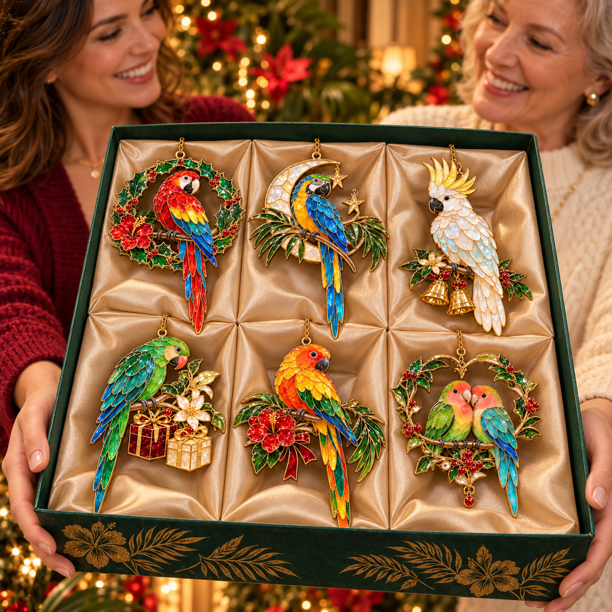 Tropical Parrot Christmas Ornaments – Vintage Stained Glass Style, Set of 6