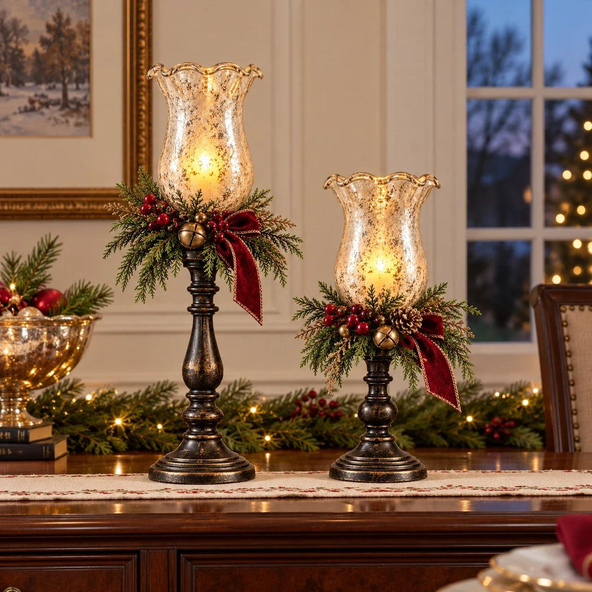 🎄🕯️🍒Vintage Mercury Glass Christmas Candle Lamp🌙