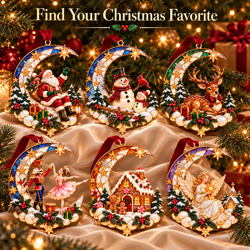 🌙 Moonlit Christmas – 6-Piece Storybook Crescent Moon Ornament Set
