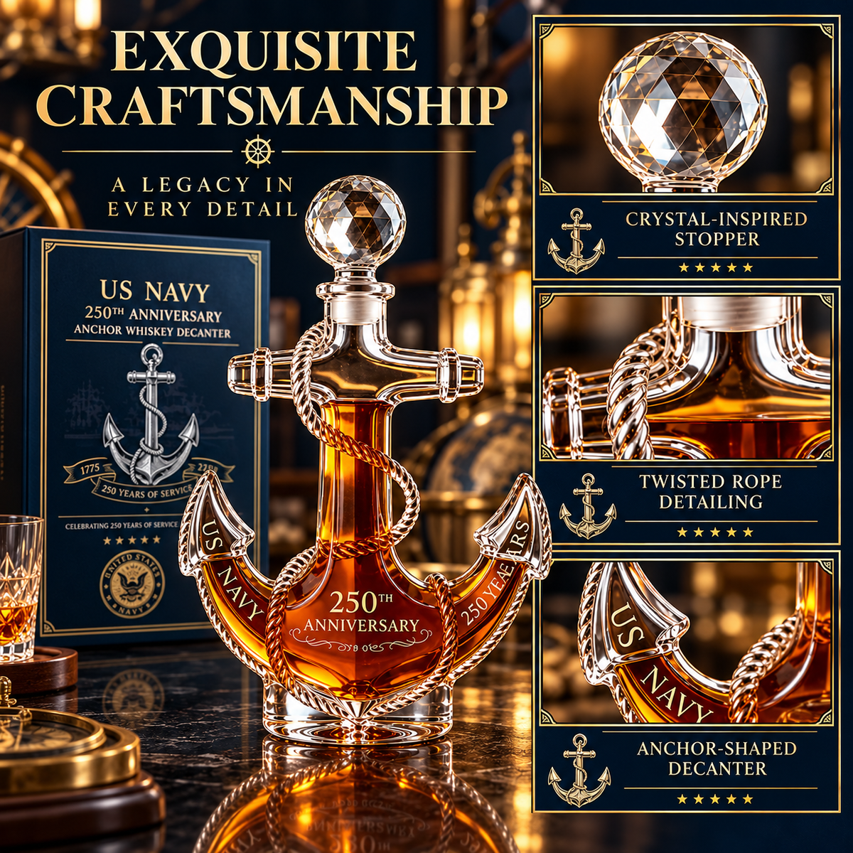 ⚓🇺🇸 U.S. Navy 250th Anniversary Anchor Whiskey Decanter 🥃