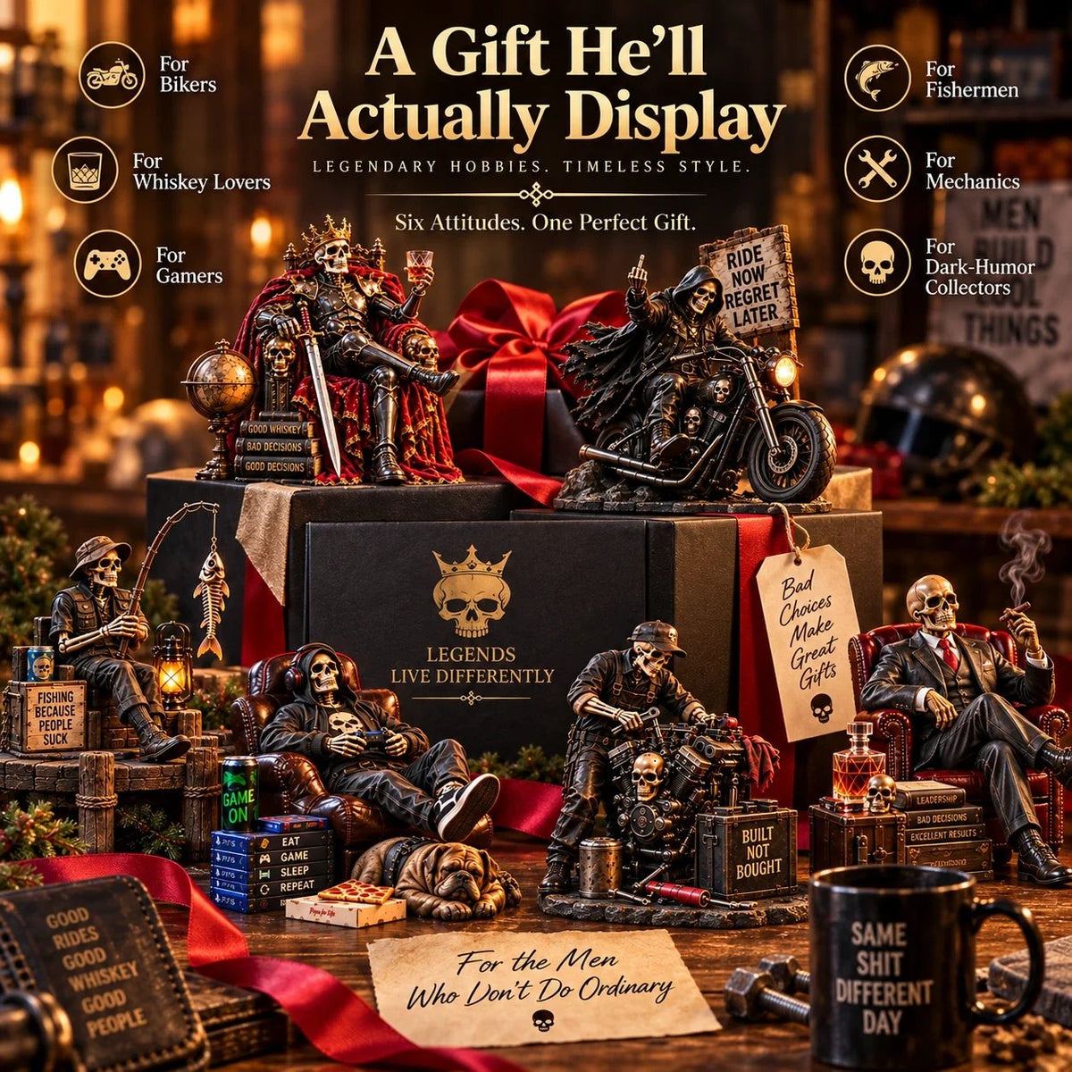 💀🔥 Bad to the Bone – 6 Dark Humor Skeleton Collectibles for Men, Man Cave Decor & Unique Gifts 🎁