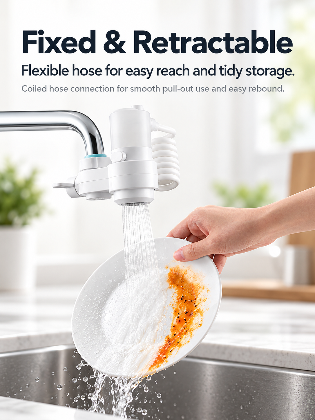 Kitchen faucet spray washing a plate above the sink