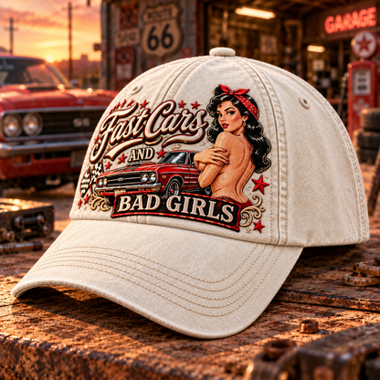 🏁🔥 Fast Cars And Bad Girls Retro Muscle Car Pin-Up Baseball Cap