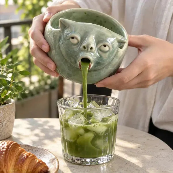 Funny Puking Cat Matcha Bowl pouring green matcha into a glass