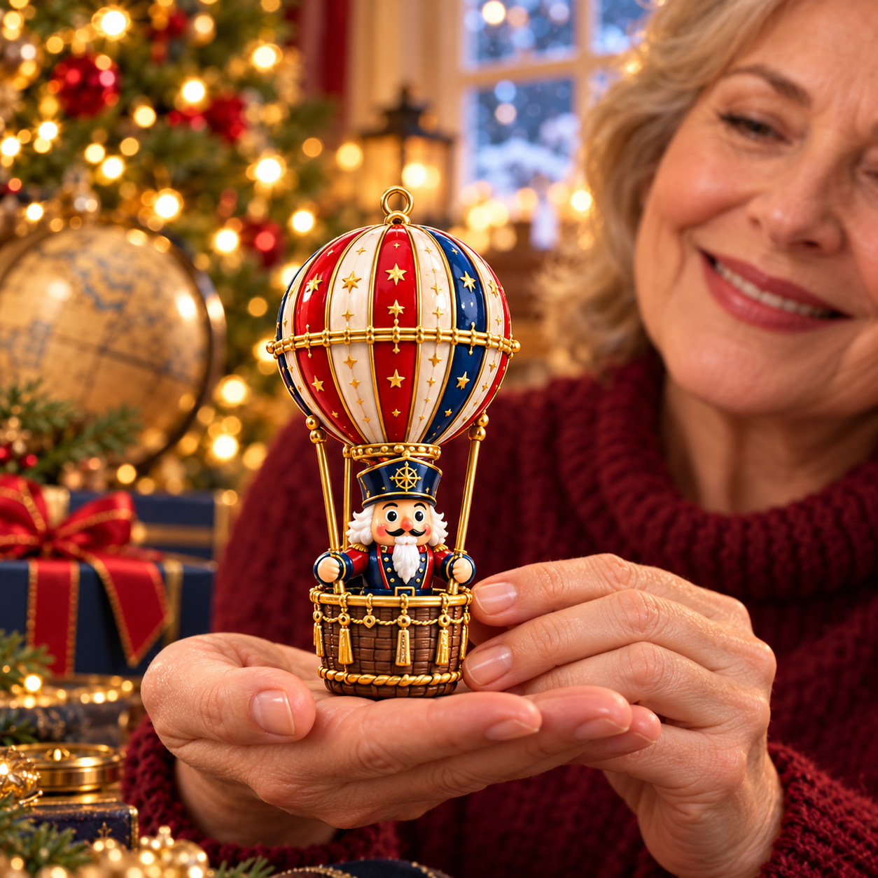 Close-up of a Nutcracker hot air balloon Christmas collectible held in hands