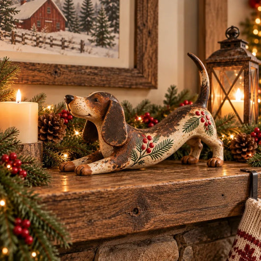 Christmas Dachshund Figurine – Rustic Farmhouse Holiday Dog Decor with Holly & Evergreen Accents