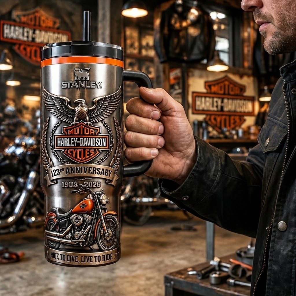 Motorcycle enthusiast holding the 123rd anniversary tumbler in a garage