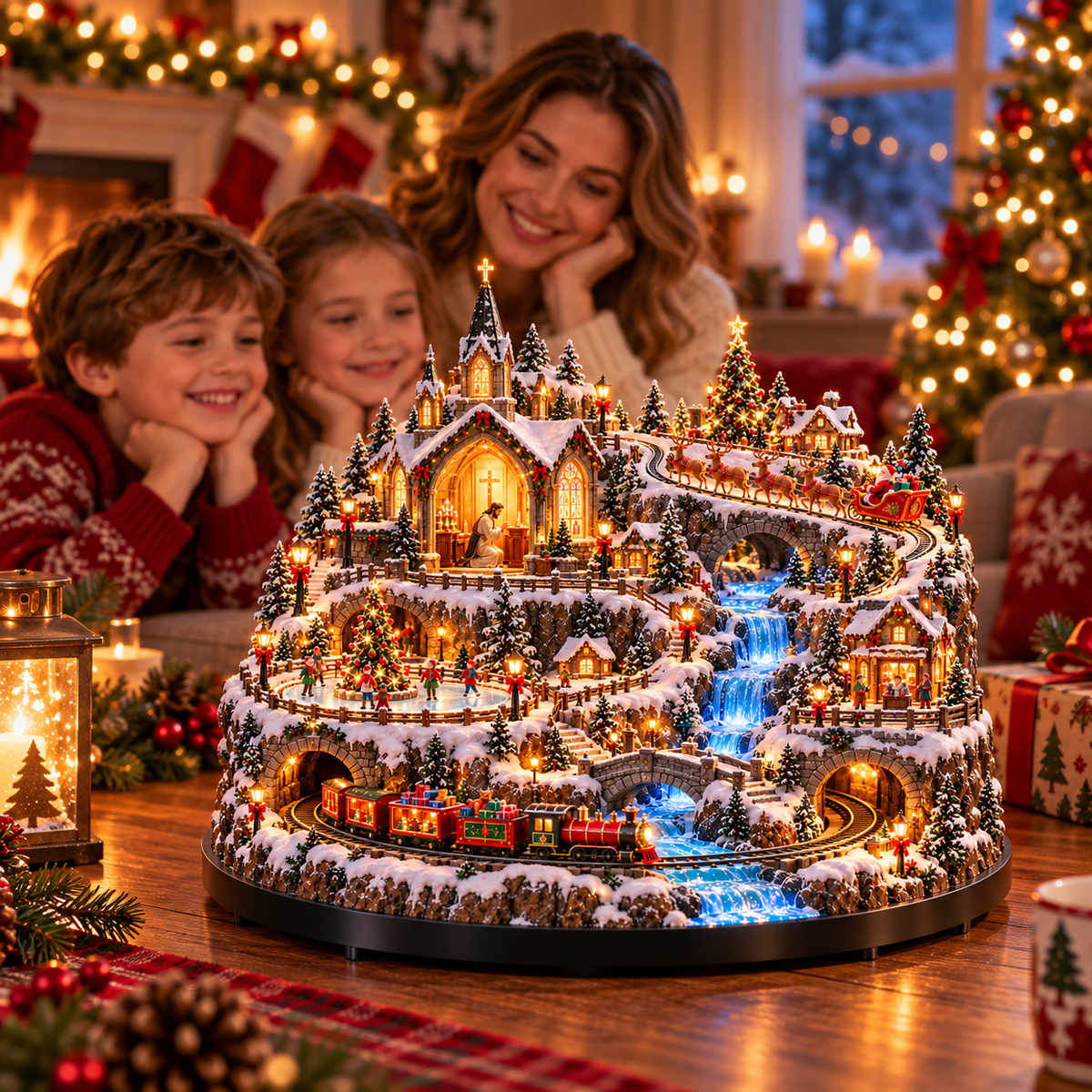 🚂✨ Lighted Christmas Village with Moving Train, Glowing Waterfall & Reindeer Sleigh – 49% OFF 🎄