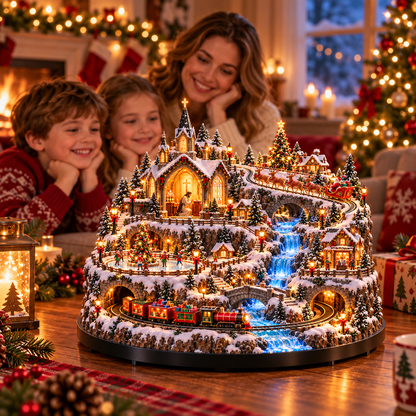 🚂✨ Lighted Christmas Village with Moving Train, Glowing Waterfall & Reindeer Sleigh – 49% OFF 🎄