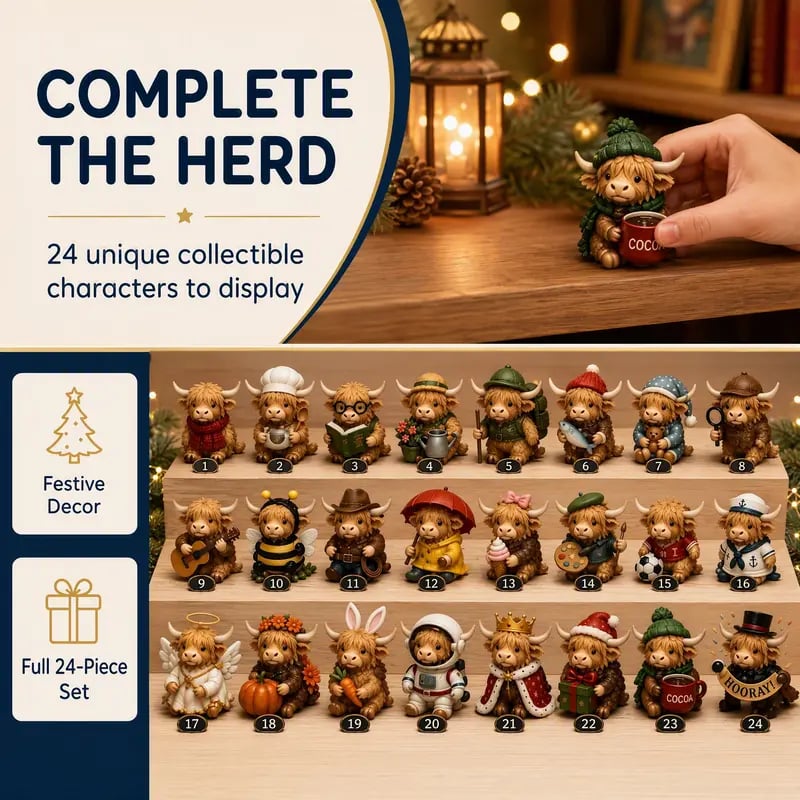 🐮 24-Day Highland Cow Advent Calendar – Festive Mini Figurine Collectible Set for Christmas Countdown