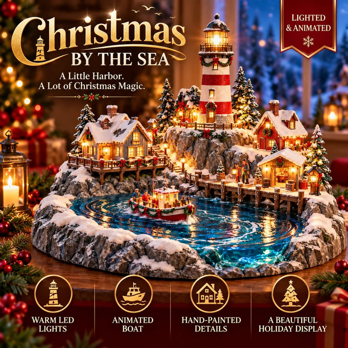 Christmas by the Sea lighthouse village with animated boat and warm LED lights
