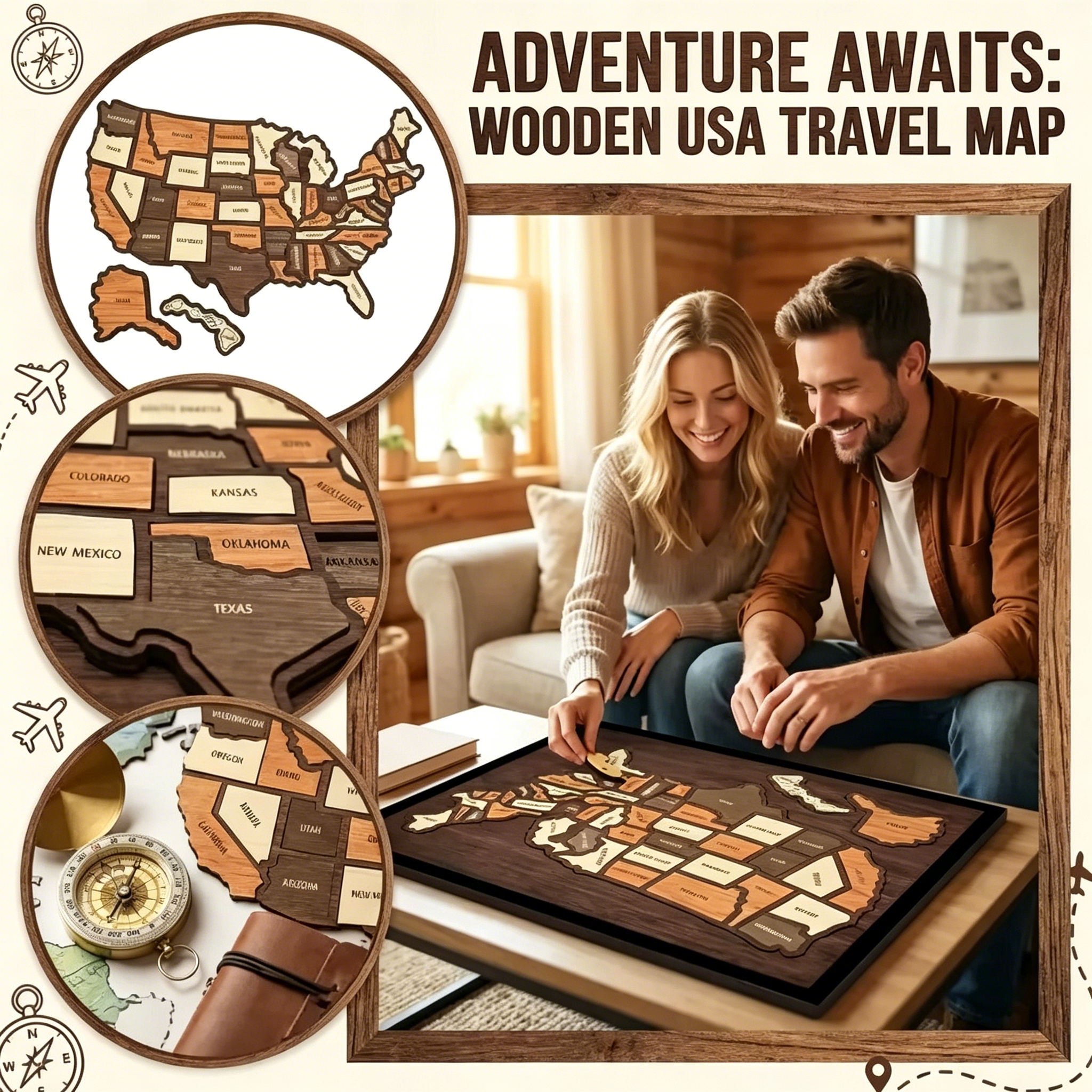 🔥Last Day 49% OFF -🇺🇸 Wooden USA Travel Map Puzzle🧩A Stylish Way to Track Your Journey