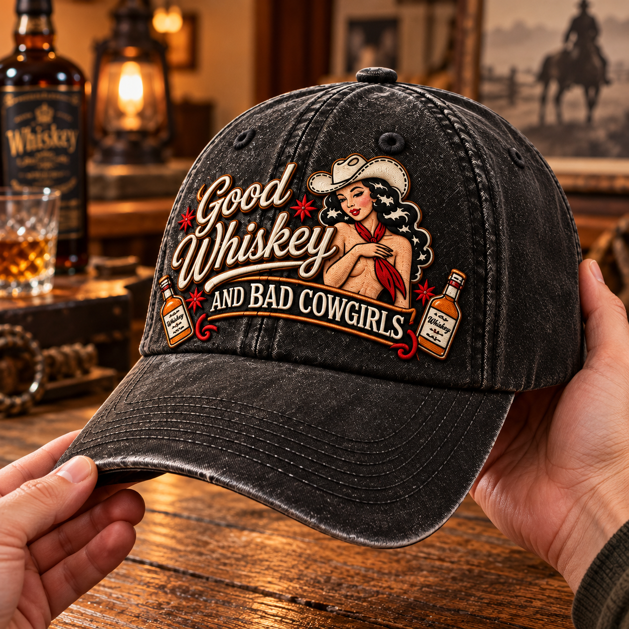 Close-up of Good Whiskey And Bad Cowgirls cap featuring pin-up cowgirl, western lettering and whiskey-bottle illustrations