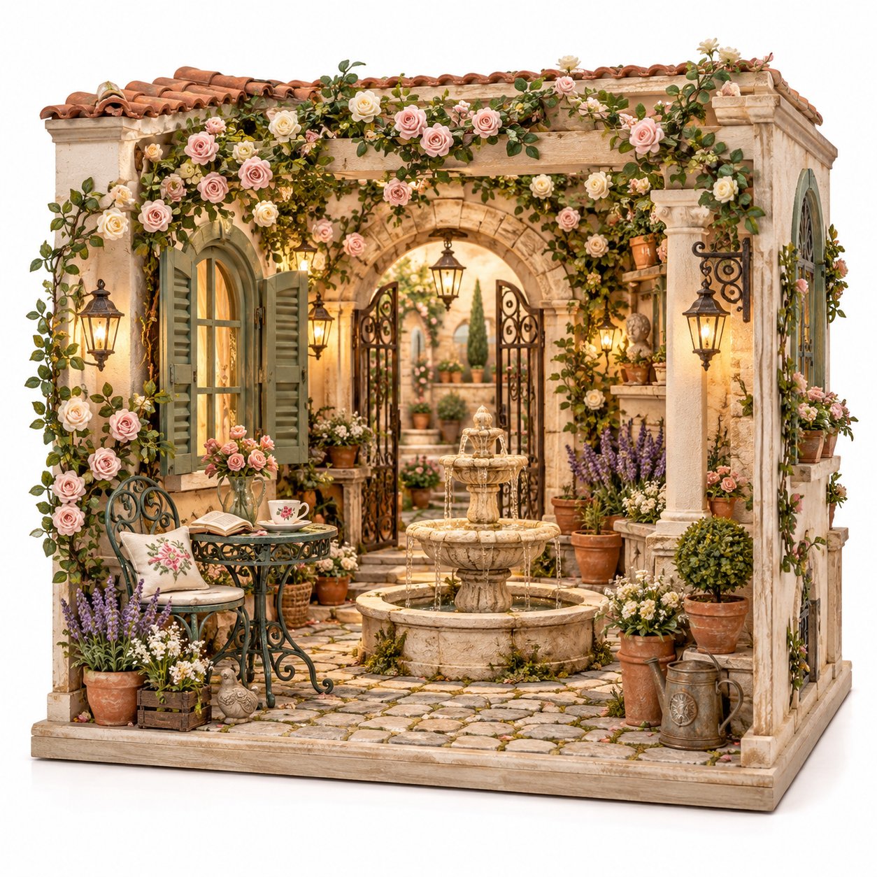 European miniature garden courtyard with climbing roses, stone fountain and ornate iron garden gate