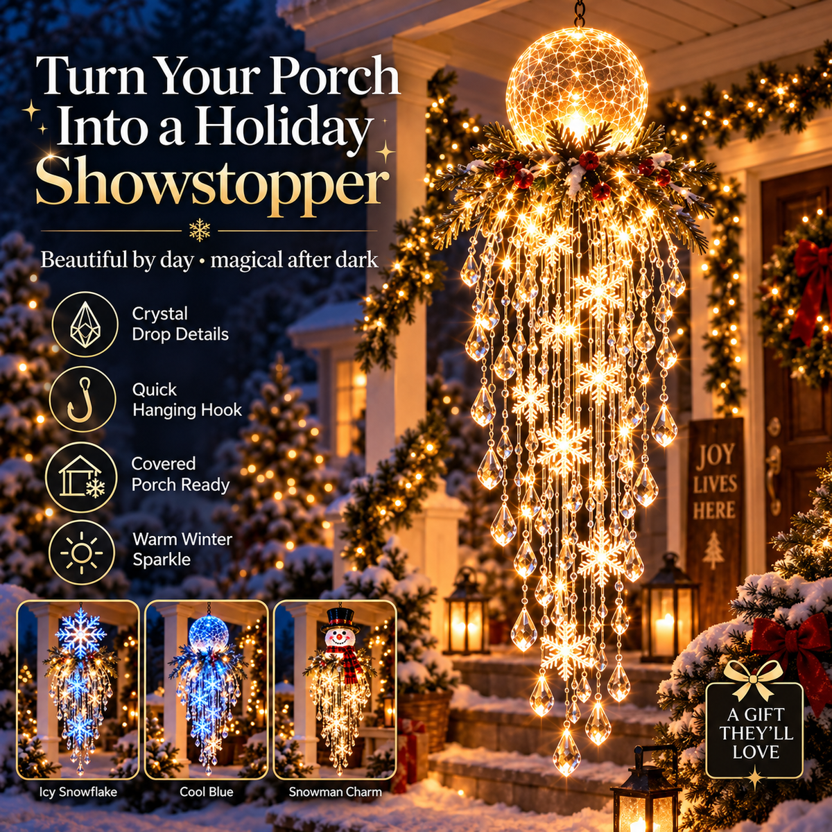 Crystal Cascade Christmas Hanging Light – Snowflake Crystal LED Porch Decor ✨❄️