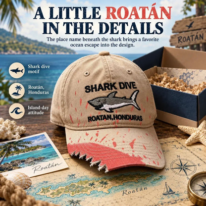 🎉🦈 Shark Bite Baseball Cap | Embroidered Shark • Bite-Shaped Frayed Brim