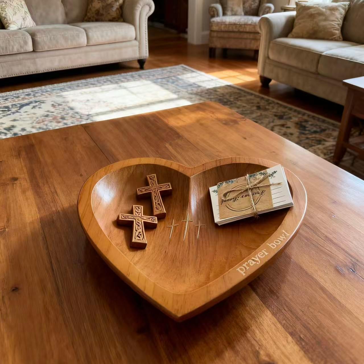 ✝️Inspirational❤️ Wooden Heart Shaped Prayer Bowl Set – Handcrafted Religious Gift