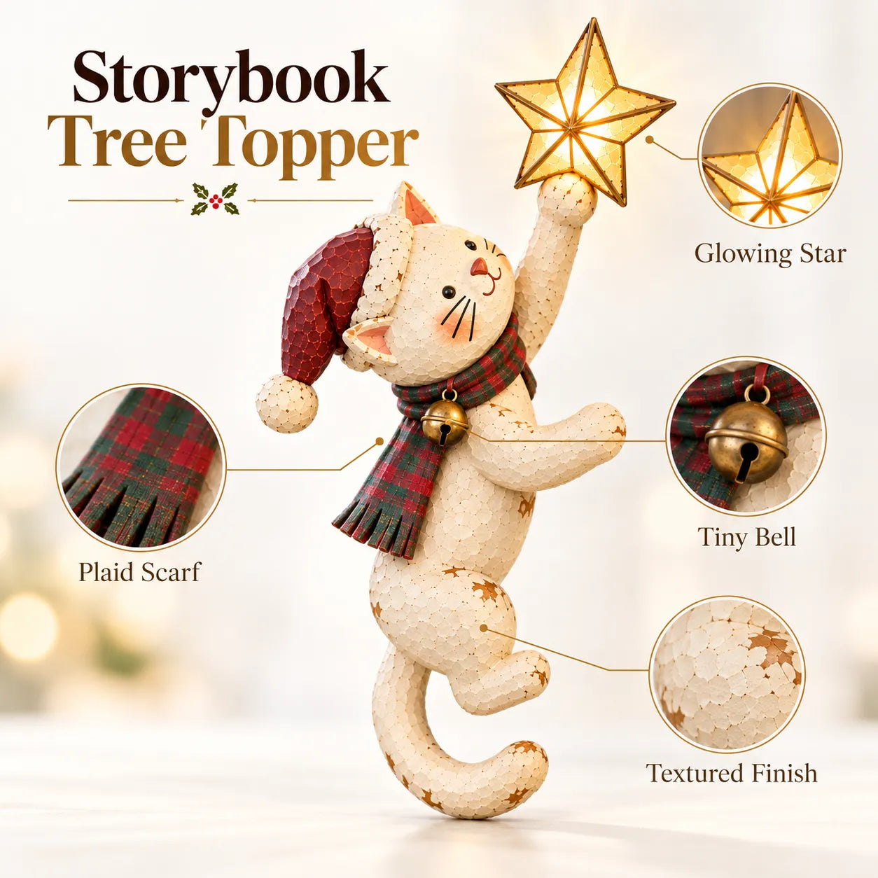 Christmas cat topper detail image showing golden star, red green plaid scarf, small bell and textured cream body
