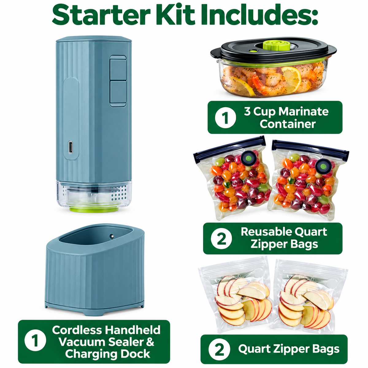 🥩🥗 Mini Handheld Vacuum Sealer – Cordless Food Storage System with Marinate Mode & Charging Dock 🔋