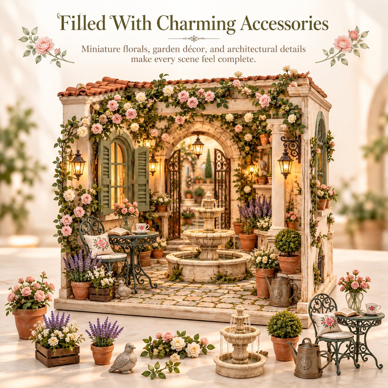 Secret European Garden miniature courtyard accessories including flowerpots, tiny fountain, furniture and watering can
