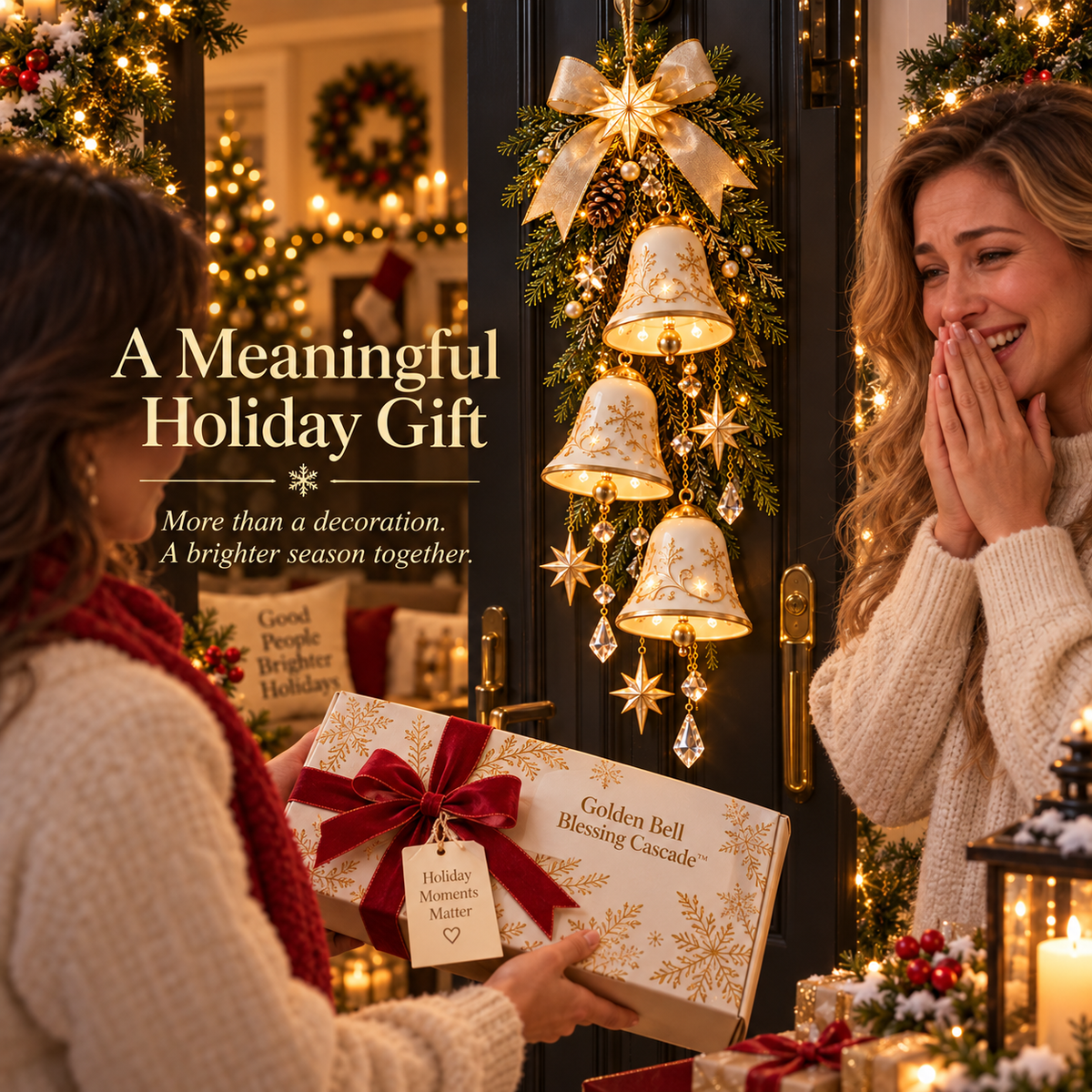 🔔✨Last Day 20% OFF✨Golden Bell Blessing Cascade – Lighted Christmas Door Décor