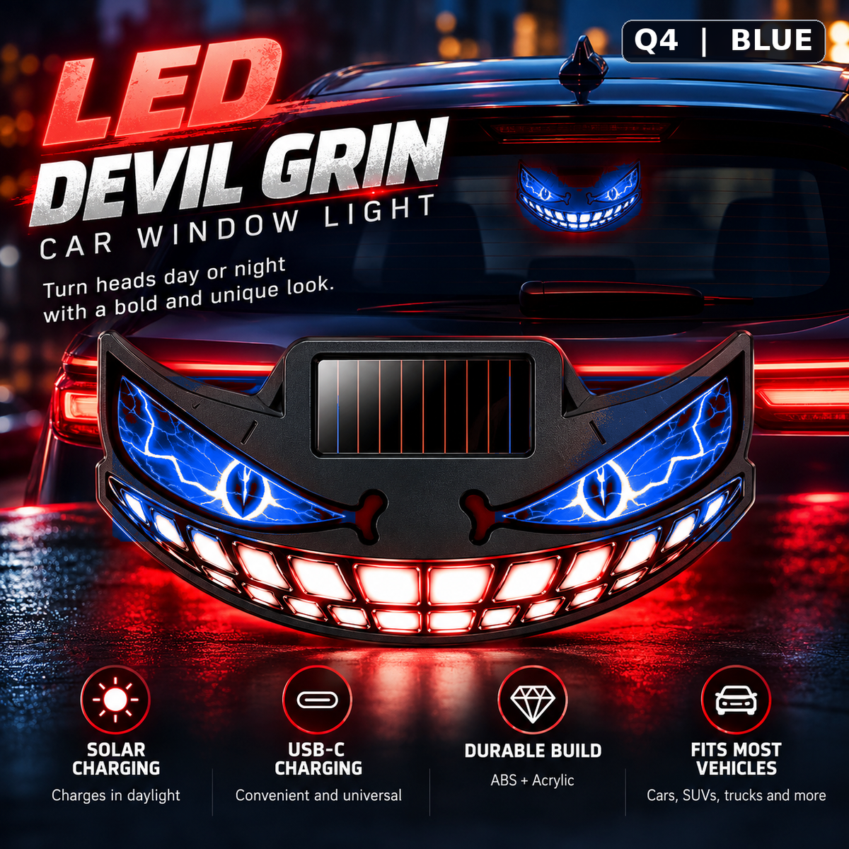 😈🚗 Devil Grin LED Car Window Light – Solar + USB-C Rechargeable Window Glow