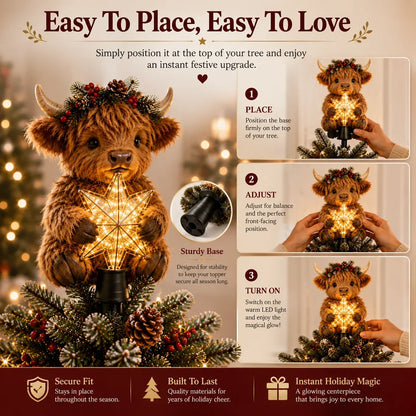 🐮 Baby Highland Cow Christmas Tree Topper with Glowing Star – 50 cm ✨