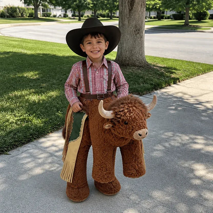 Plush Bull Rider Ride‑On Kids Costume, Adjustable Harness Toddler Halloween Outfit
