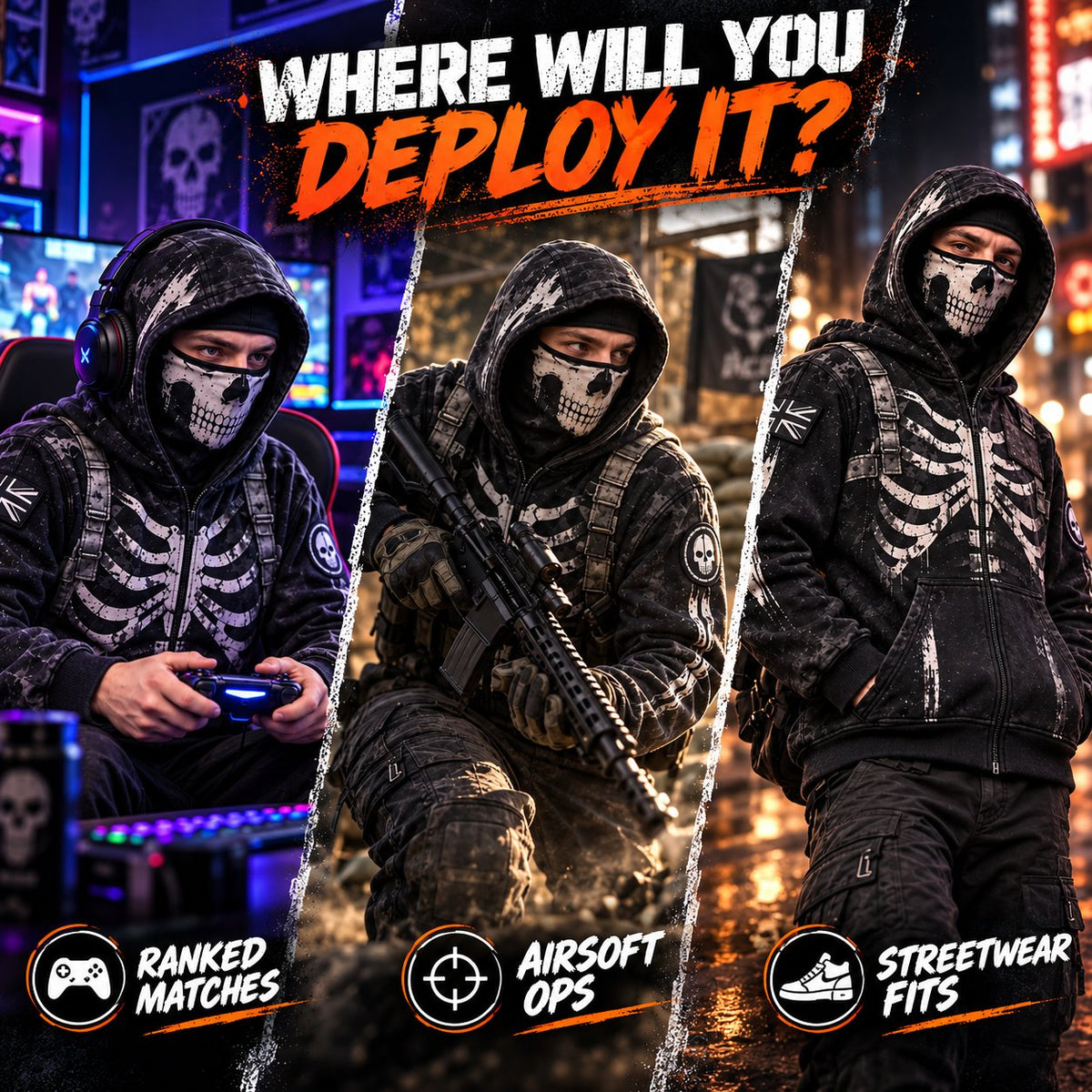 ReaperZip Tactical Skull Hoodie 🎯Full-zip tactical comfort with a battle-worn edge.