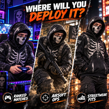 ReaperZip Tactical Skull Hoodie 🎯Full-zip tactical comfort with a battle-worn edge.