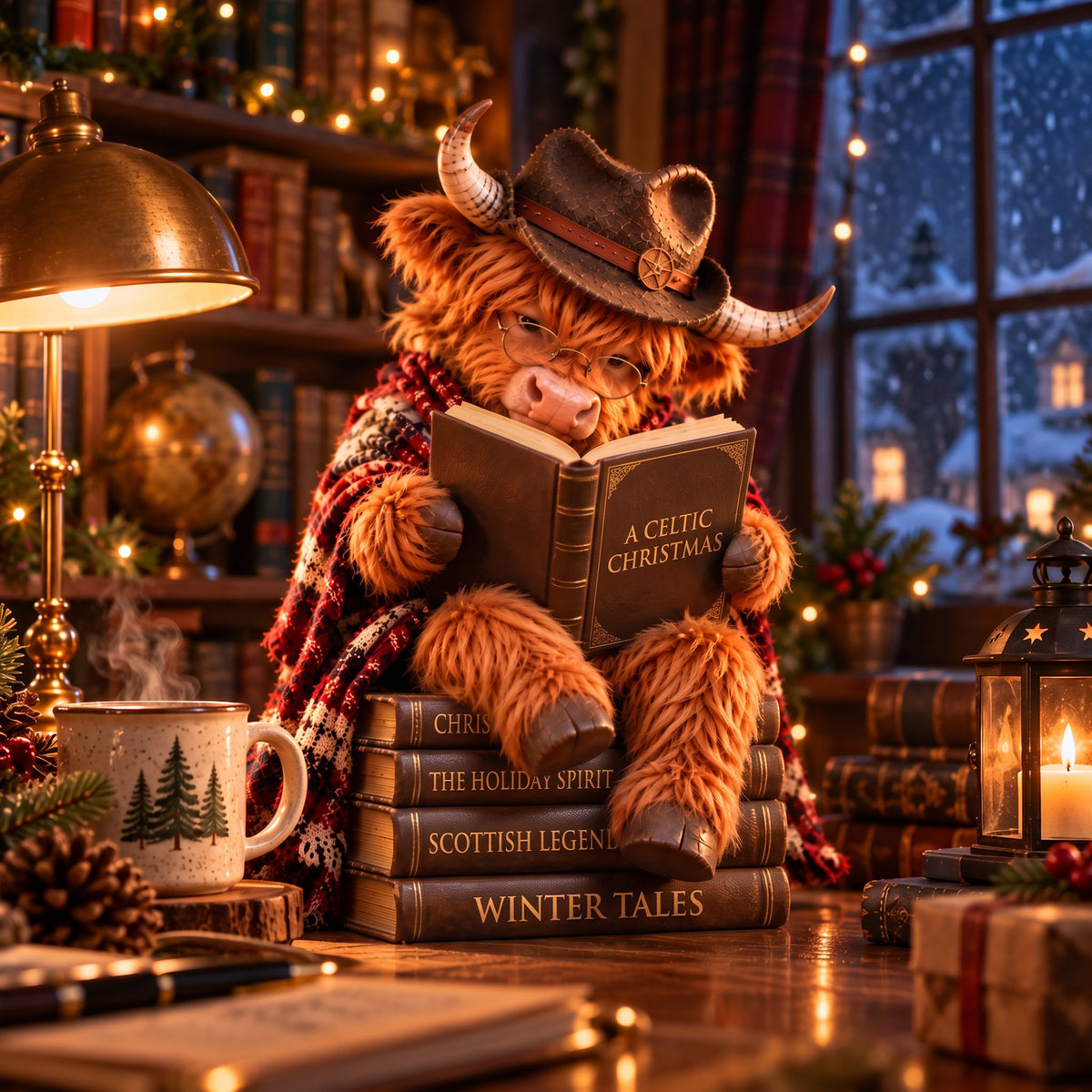 Enchanted Highland Cow Reader Sculpture, Winter Tabletop Book Nook Decor