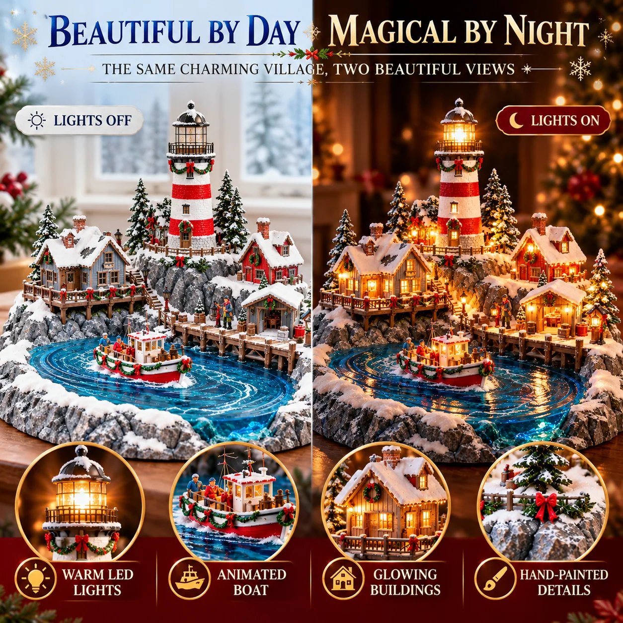 Daytime and nighttime comparison of illuminated Christmas coastal harbor village