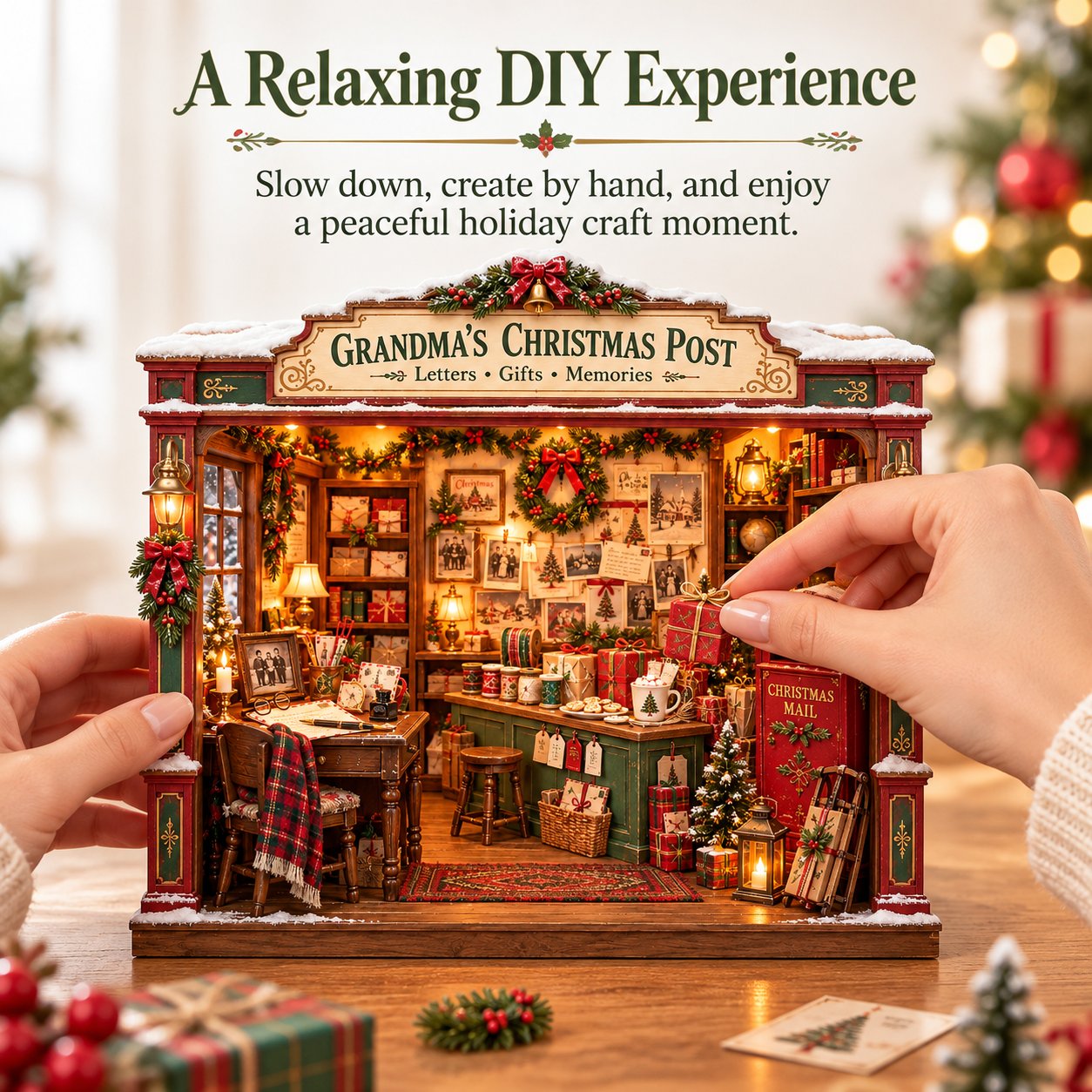 Hands arranging a miniature wrapped Christmas present inside Grandma's Christmas Post DIY model