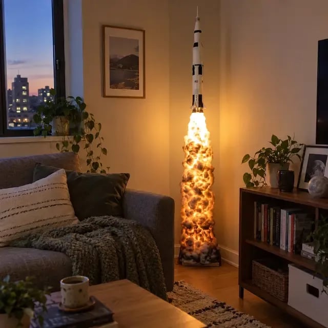 Rocket launch cloud LED lamp illuminating a cozy living room beside a sofa and bookshelf