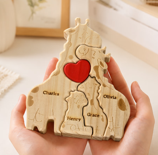 🦒❤️ Personalized Giraffe Family Puzzle – 2–5 Names Wooden Keepsake ✨