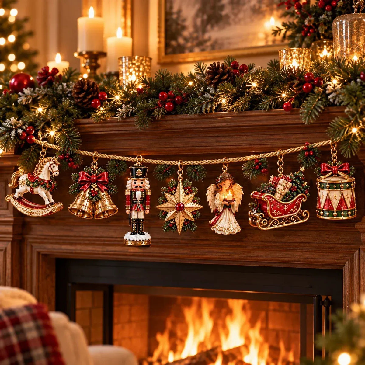 🎄 7-Piece Vintage-Style Christmas Garland Set | With Detachable 3D Ornaments