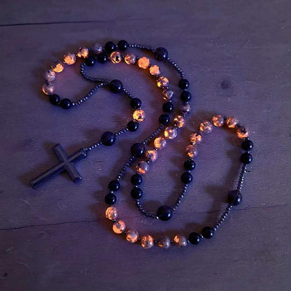 Natural Obsidian Yooperlite RosaryNecklace, UV Reactive EnergyProtection Healing Crystal