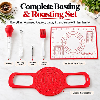 🔥🦃 BBQ & Thanksgiving Essential! 🍗 Heat-Resistant Silicone Turkey Roasting Sling 🍖✨ Easy-Lift Meat Lifter with Basting Tools 🧑‍🍳🍽️ Perfect for Turkey, Chicken & Holiday Roasts 🎄🎁