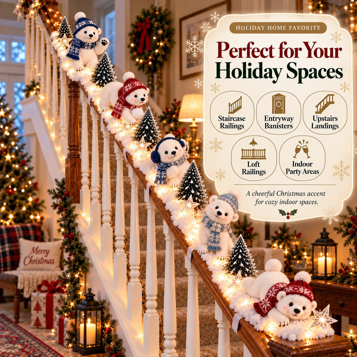 🐻‍❄️ Polar Bear Snowy Staircase Lighted Railing Décor