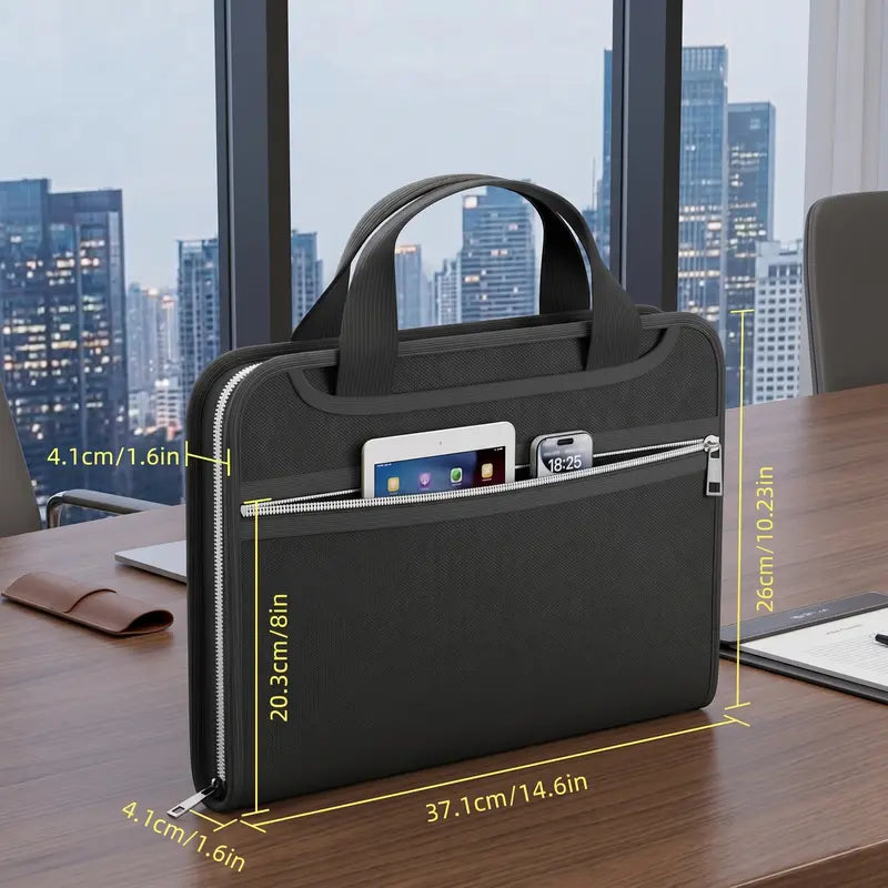 Document organizer exterior measurements with front storage pocket and carrying handles