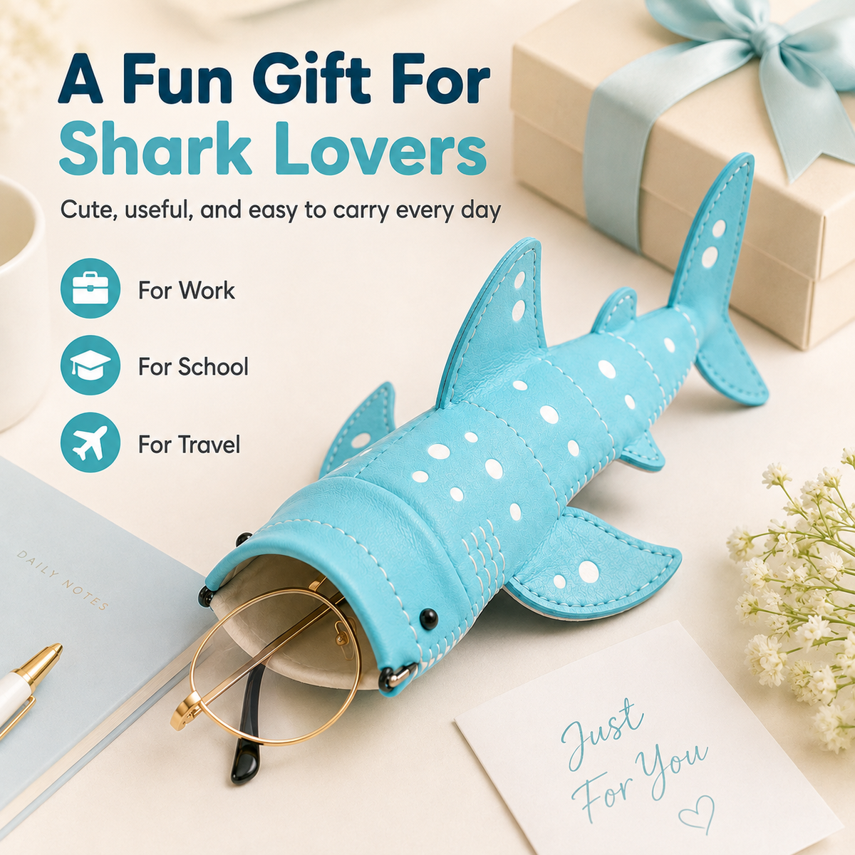 🦈✨ Cute Shark Wide-Mouth Glasses Case – Fun & Protective Eyewear Holder