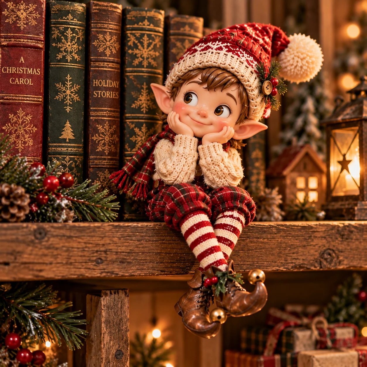 Daydreaming Christmas elf with rosy cheeks, hands on its face, red patterned hat and curled little boots