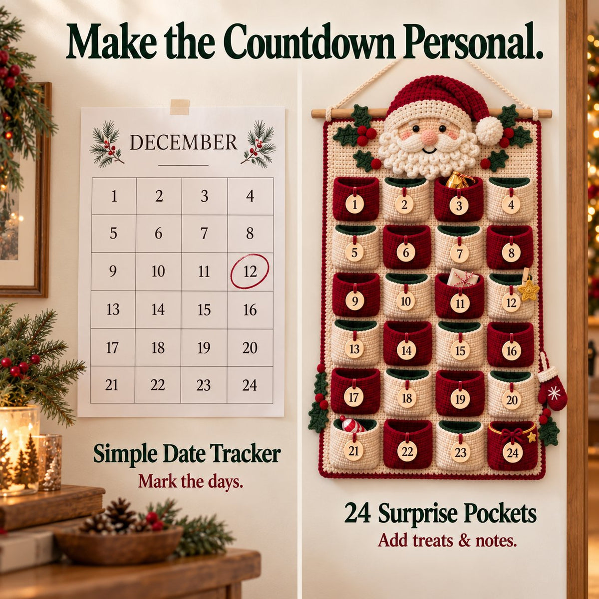 🎄 DIY Crochet Advent Calendar Kit – 24 Refillable Pockets & 4 Christmas Designs 🧶 | 45% OFF