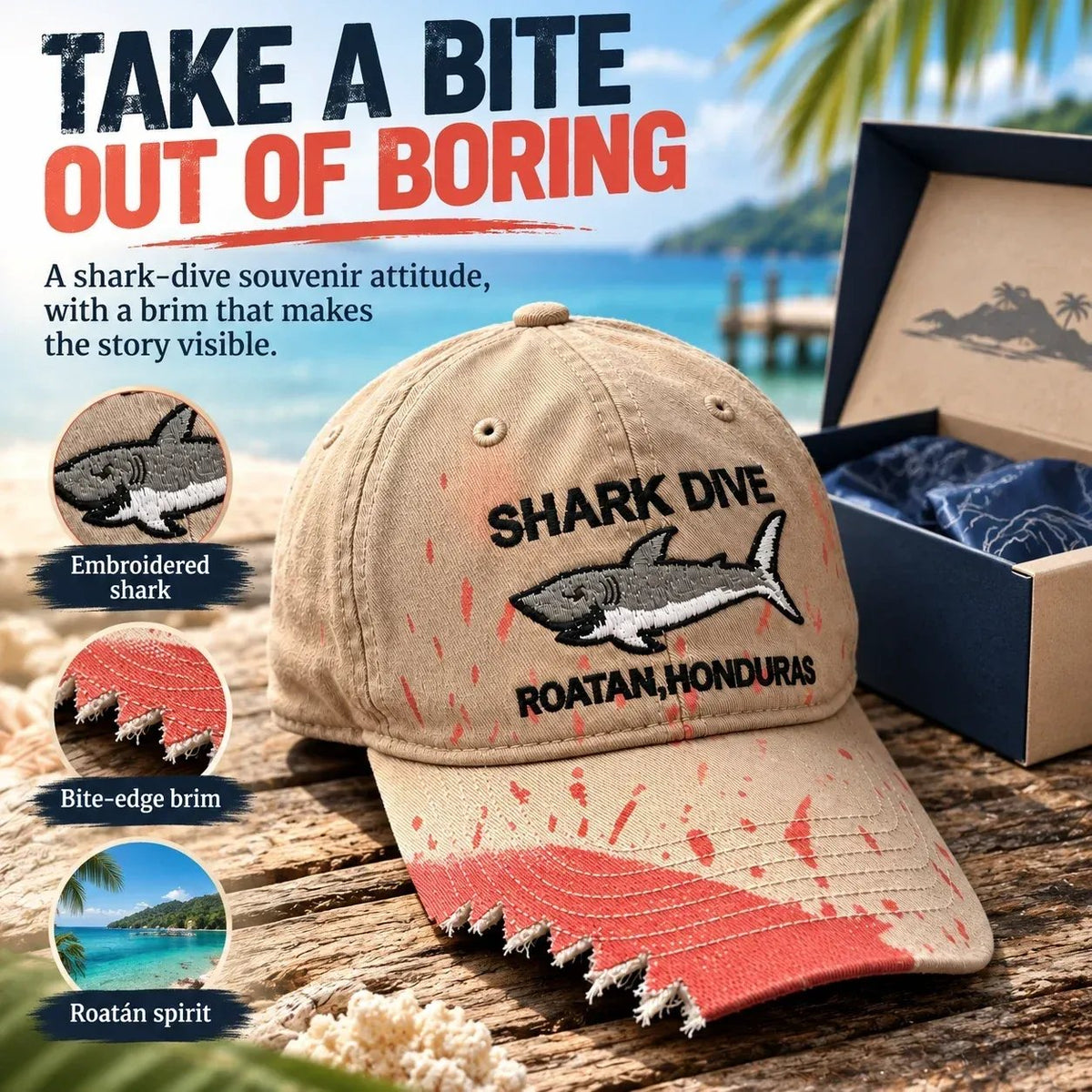 🎉🦈 Shark Bite Baseball Cap | Embroidered Shark • Bite-Shaped Frayed Brim